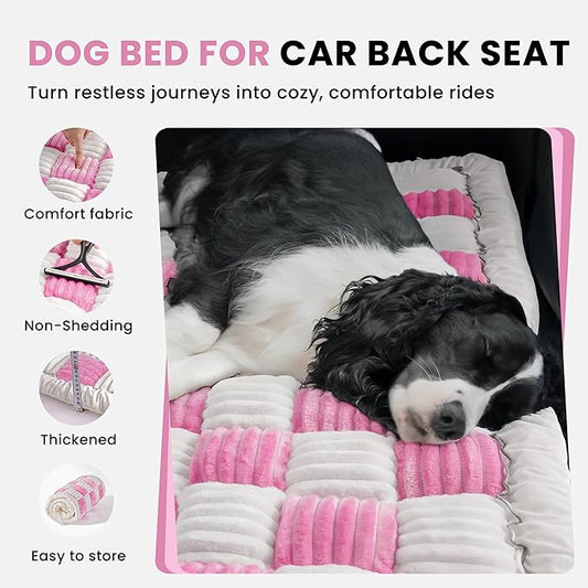 Backseat Dog Bed Mat, Non-Slip Dog Bed for Car Back Seat, Soft & Cozy Dogs Blanket, Washable Travel Pet Mat Seat Protector for Cars, SUVs, Trucks (Pink/White, 51.1" L x 23.6" W x 1.5" Th)