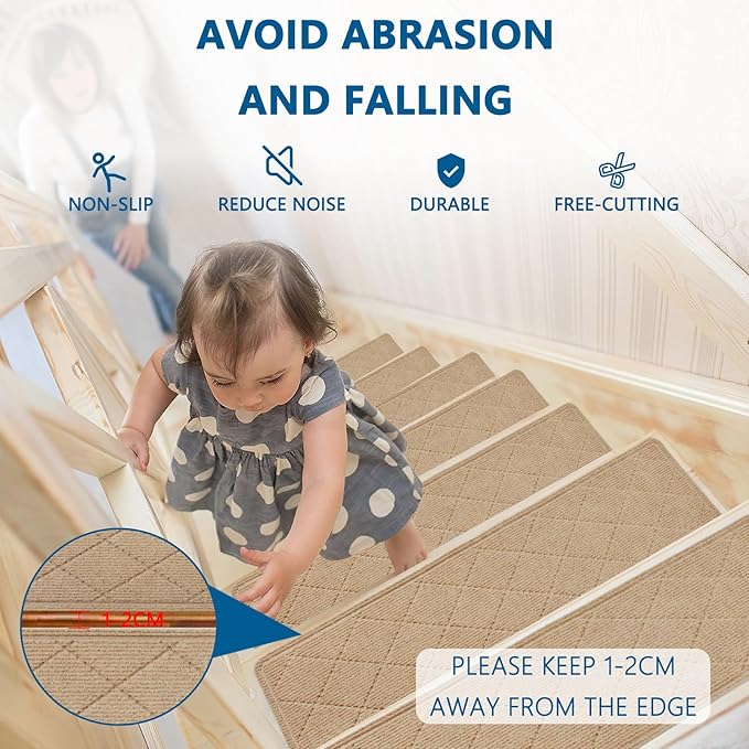 Stair Treads for Wooden Steps Indoor, 7 Pack 8" X 30" Non Slip Carpet Stair Treads with Reusable Adhesive for Kids Elders and Dogs, Surface Polyester TPR Backing Stair Rugs, Beige