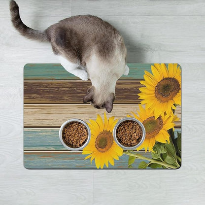 Dog Food Mats for Floors Absorbent, Cat Food Mat - Pet Cat Feeding Mat Quick Dry, Dog Bowl Mats for Water, Pet Supplies Feeding Placemat 12" x 20" Sunflower