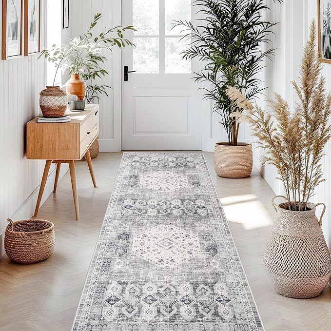 3x8 Halway Washable Runner Rug - Carpet Runners for Kitchen Non Slip Stain Resistant Rugs for Living Room Bedroom Laundry Room Ultra Thin Vintage Distressed Rug Home Decor Decoration Mat (3'x8', Grey)