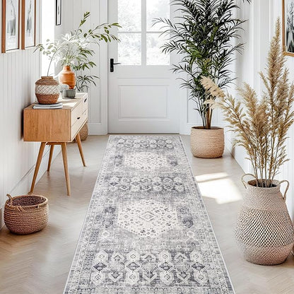 3x8 Halway Washable Runner Rug - Carpet Runners for Kitchen Non Slip Stain Resistant Rugs for Living Room Bedroom Laundry Room Ultra Thin Vintage Distressed Rug Home Decor Decoration Mat (3'x8', Grey)
