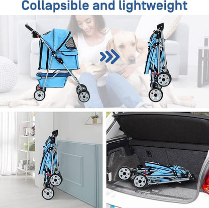 4 Wheels Pet Stroller for Dog and Cat Stroller, Lightweight and Foldable Carrier Strolling Cart W/Cup Holders Removable Liner for Small and Medium Dog Cat - Blue