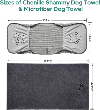 HOMEIDEAS 2 Pack Dog Towels Set, Chenille and Microfiber, Super Absorbent Soft Bath Shammy Towel with Hand Pockets for Pets Drying