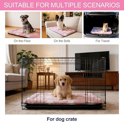 Washable Dog Bed Mat With Anti-Slip Bottom, Deluxe Plush Memory Foam Crate Pad & Waterproof Outdoor Kennel Mat For Dogs & Cats-Durable Crates Beds, Large Medium Small Puppy Size 24" x 18",pink