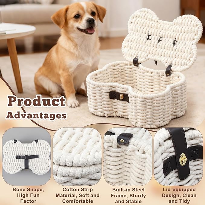 Dog Toys Bin, Cotton Rope Basket Bone Shaped Pet Toys Organizer, Handmade Pet Toy Bin, Woven Baskets for Storage, 14.96" x 11.22" x 6.5"inch