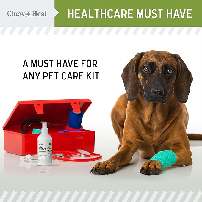 Chew + Heal Labs Liquid Bandage for Dogs 4oz Waterproof Spray Wound Care with Aloe for Cuts, Scrapes, Stitches, Paw Injuries - Breathable, Safe if Licked