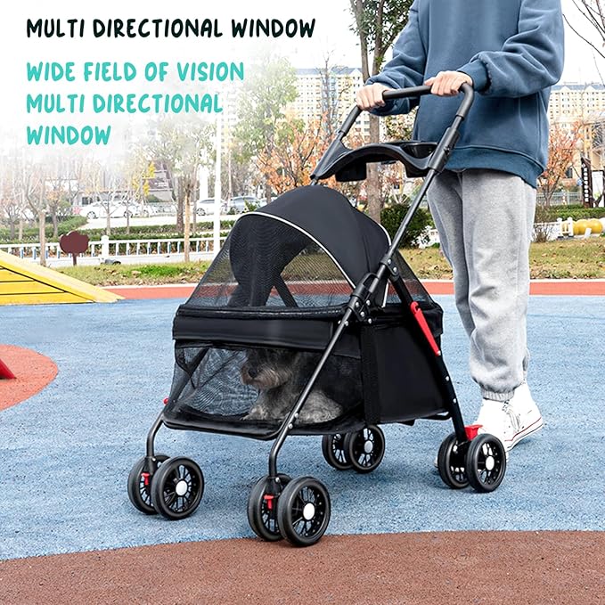 4 Wheels Pet Stroller for Medium Small Dog up to 50lbs, Dog Cat Stroller, Outdoor Travel Pet Folding Strollers, Cat Cage Strollers with Cup Holder, Breathable and Visible Mesh 1 Set