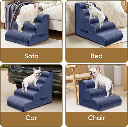 PAWSCART Pet Stairs for Dogs 3-Step, 15.7" H Pet Stairs for High Bed, Couch Sofa & Chair, 30D Material Soft Foam Dog Steps with Non-Slip Bottom Surface Removable Washable Cover, Blue
