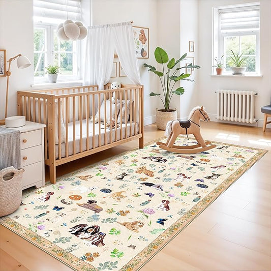 4x8 Washable Kitchen Animal Rug: Cute Dog Printed Rugs with Non-Slip Rubber Backing Soft Floral Carpet for Bedroom Nursery Low-Pile Floor Mat for Entryway Living Room Dining Room(4x8,Beige/Dog