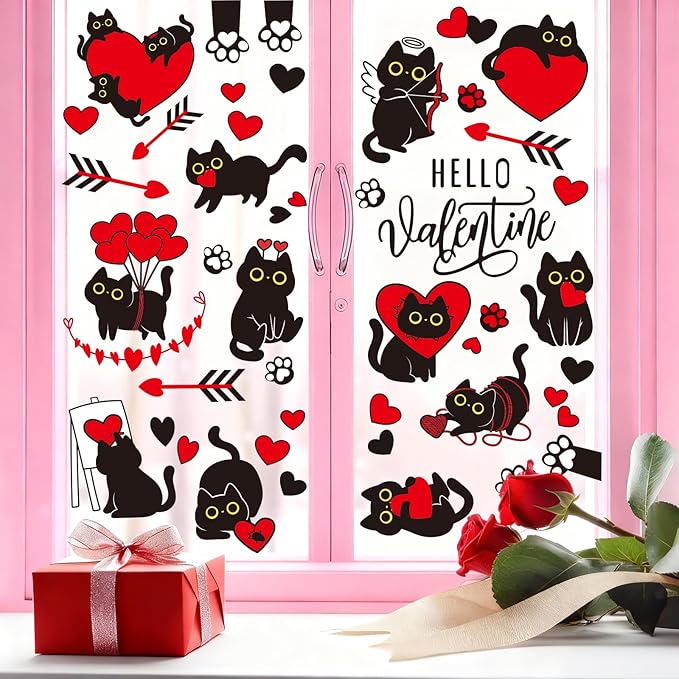 Whaline Valentine Window Clings Window Stickers Double-Sided Black Cat Red Heart Large Glass Decals for Wedding Anniversary Party Decoration, 7 Sheets
