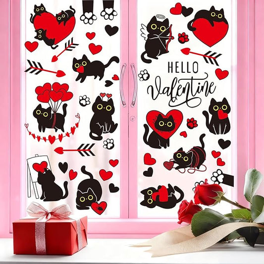 Whaline Valentine Window Clings Window Stickers Double-Sided Black Cat Red Heart Large Glass Decals for Wedding Anniversary Party Decoration, 7 Sheets