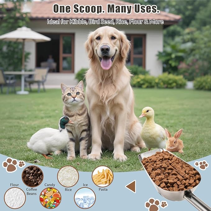 Dog-Cat Food Scoop 3/4 Cup, SSyang Thickened 304 Stainless Steel Pet Food Scoop with Long Handle, Precision Scale, Easy to Clean, Suitable for Wet and Dry Food