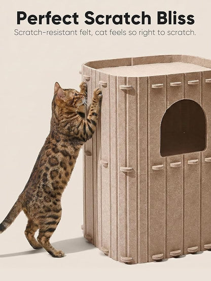 FUKUMARU Cat House for Indoor Cats, 23.62 Inch Large Cat Bed Cave Condo, 2-Storey Cozy Felt Covered Cats Tunnel Kitten Hideaway for Multicats, Scratch Resistant, Beige