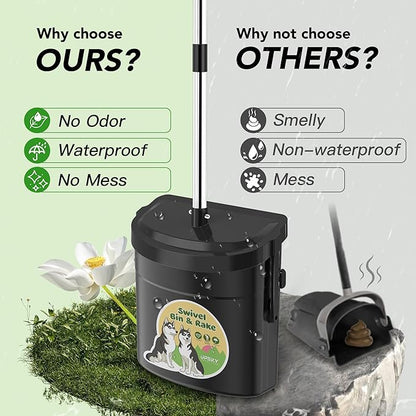 UPSKY Dog Pooper Scooper Swivel Bin & Rake Kit with 100 Waste Bags, 33.4" Stainless Steel Long Handle Heavy Duty Pet Poop Shovel for Large Medium Small Dogs, Odor-Proof Lid for Yard/Lawn/Outdoor Use
