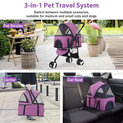 Cat& Dog Stroller Pet Strollers 3 Wheel Doggy Stroller for Small Medium Dogs 3-in-1 Detachable Travel Carrier Pet Gear Stroller Wagons for Dogs Trolley for Cat Doggie Rabbit Puppy, Purple