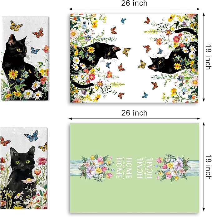 Spring Summer Black Cat Floral Kitchen Dish Towels Set of 2, Daisy Flower Butterfly Drying Hand Towel Baking Cooking Cloth, Wildflower Bathroom Home Decoration Pet Cat Owner Lover Gift 18''x26''