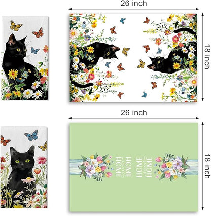 Spring Summer Black Cat Floral Kitchen Dish Towels Set of 2, Daisy Flower Butterfly Drying Hand Towel Baking Cooking Cloth, Wildflower Bathroom Home Decoration Pet Cat Owner Lover Gift 18''x26''