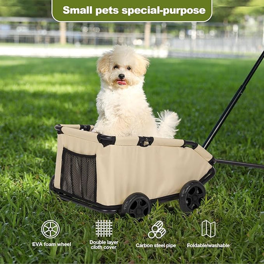 Foldable Pet Wagon with Handle, Pink and Black, Rolling Dog Stroller Cart (Khaki)
