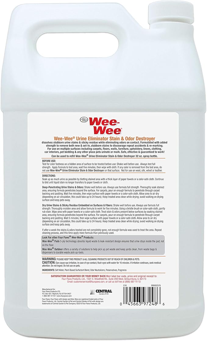 Four Paws Wee-Wee Pet Stain and Odor Eliminator for Urine Stains 128 Ounces