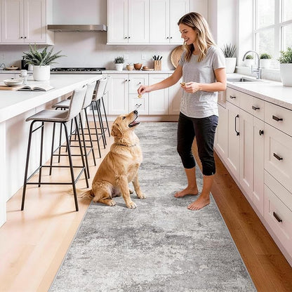 2'6x12 Extra Long Runner Rug : Washable Non-Slip Carpet for Hallway - Soft Kitchen Rugs Thin Low Pile Floor Mat for Bedroom Abstract Home Decor 2.6x12 Grey