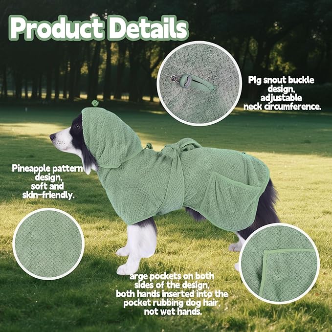 Super Absorbent Dog Bathrobe Pineapple Soft Fast Drying Dogs Towel Robe Adjustable Drying Coat for After Bath with Hood (Pineapple Green, Large)