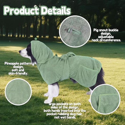 Super Absorbent Dog Bathrobe Pineapple Soft Fast Drying Dogs Towel Robe Adjustable Drying Coat for After Bath with Hood (Pineapple Green, Large)