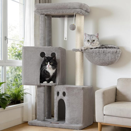 Small Cat Tree Tower for Indoor Cats, 40 in Medium Compact Adults Cat Beds Trees with 2 Condos, Sisal Scratching Post, Large Perch Platform, Multi-Level Kitty Kitten Climbing Stands House(Light Grey)