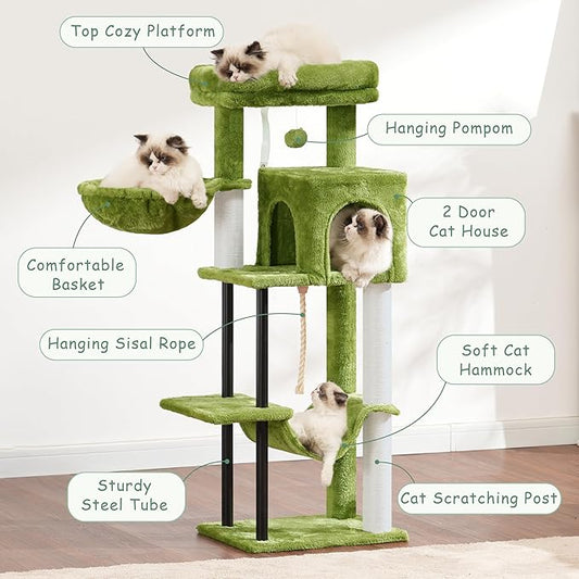 Gitelsnour Cat Tree, Cat Tower for Indoor Cats, 43.3 inch Cat Tree Tower with Sturdy Steel Tube, Hammock, Cat Condo for Small Cats and Kittens, Scratching Post, Green GCT004SGR