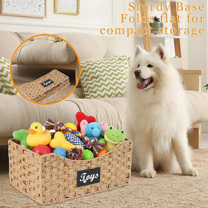 Dog Toy Storage Basket Medium,Wicker baskets for Dogs Cats,Pet Toys Bin,Collapsible Puppy Toys Box with Wire Frame,Ideal for Storing Pet Supplies, Easy-Access(Brown)