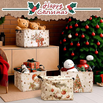 4 Pack Christmas Storage Bin Collapsible Large Christmas Storage Baskets for Gifts Xmas Tree Canvas Laundry Basket Foldable Box with Handle for Office Home Bedroom Clothes Toys Holiday Decor