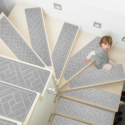 15 Pack 8 "X 30" Non-Slip Carpet Stair Treads for Indoor Wooden Steps, Made of Polyester and Reusable Adhesive, Suitable for Kids Elders and Pets（Light Grey Lines）