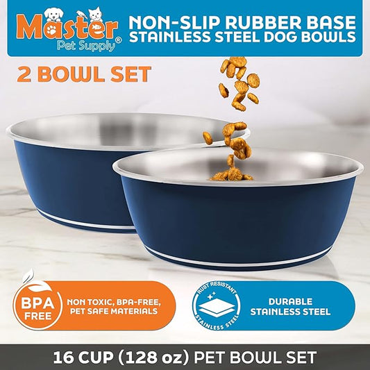 Master Pet Supply Stainless Steel Dog Bowls Set of 2 (128 Oz Each) with Non-Slip Rubber Base - Navy Blue - Basic Dog Food Bowl Water & Food Bowls for Small Medium Large Dogs & Cats, Metal Dish