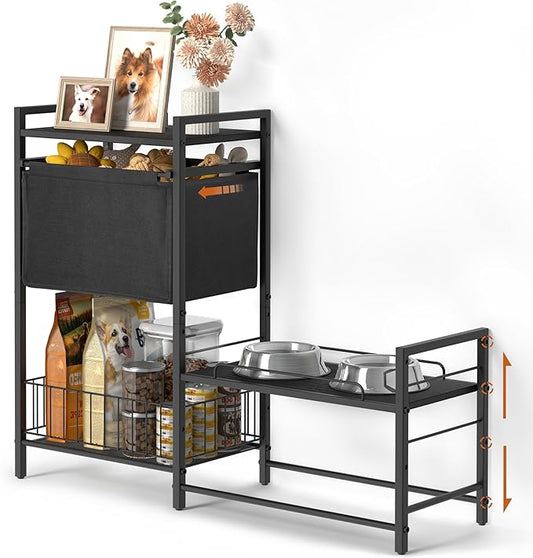Elevated Dog Bowls, Raised Dog Bowl Stand with Dog Toy Bin Basket Dog Food and Water Bowl Feeding Station, Lifted Dog Bowl Holder Cabinet with Pet Storage Organizer for Large Medium Small Dogs