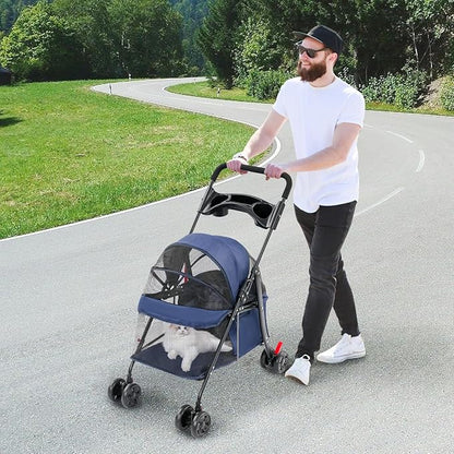 Pet Stroller for Small Medium Dogs Cats, Lightweight Foldable Pet Wagon with 360° Front Wheels & Brake, 40 lbs Capacity Carrier for Park Travel Shopping, Breathable Mesh Basket (Navy Blue)