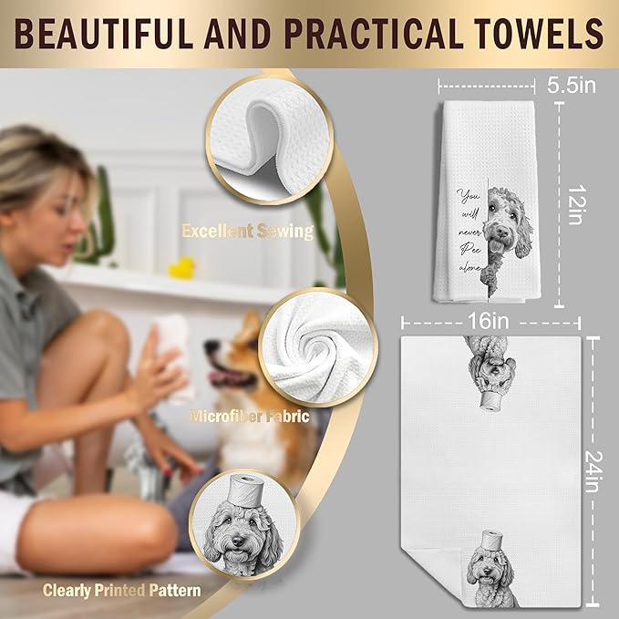 Funny Goldendoodle Dog Hand Towels Set of 2, You Will Never Pee Alone Funny Bathroom Hand Towels, Goldendoodle Gifts, Dog Bathroom Decor, 16x24 Inches