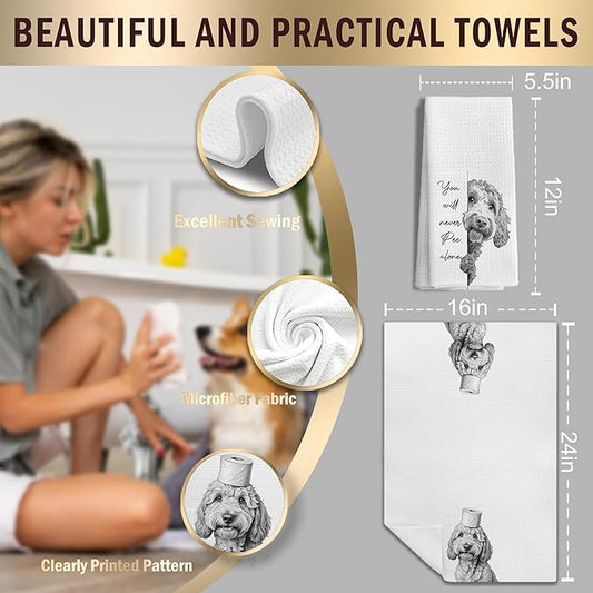 Funny Goldendoodle Dog Hand Towels Set of 2, You Will Never Pee Alone Funny Bathroom Hand Towels, Goldendoodle Gifts, Dog Bathroom Decor, 16x24 Inches