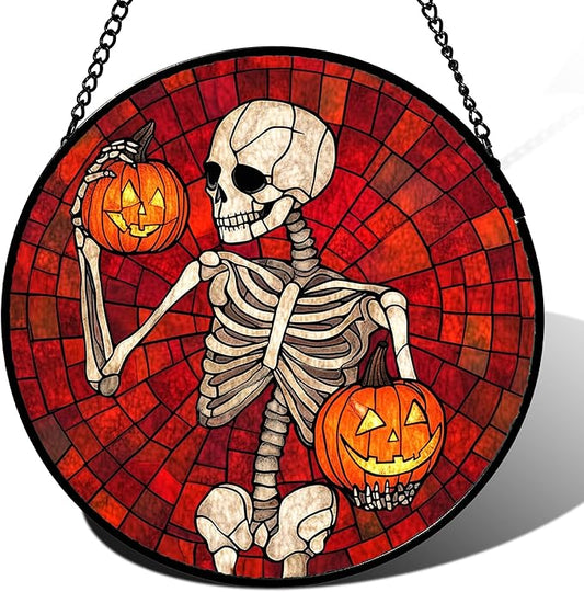 Stained Glass Window Hanging - Halloween Decorations Skeleton Pumpkin Suncatcher for Doors Garden Indoor Spooky Funny Sun Catchers Gothic Decor Horror Gifts for Women Men Friend 9.8 in