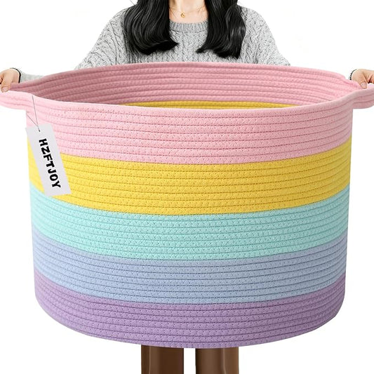 65L Large Blanket Basket,19.7" L x 19.7" W x 13" H Rope Woven Baskets with Handles, Toys Storage Bins,Laundry Basket Perfect for Living Room, Nursery,Bedroom,Home Organization,Colorful