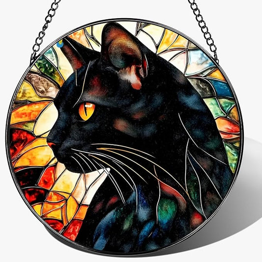 8″ Stained Glass Window Hanging Ornament, Black Cat Stained Glass Suncatcher Ornament, Sun-Catcher Window Decor | Gifts for Cat Lovers, Pet Lover Gift
