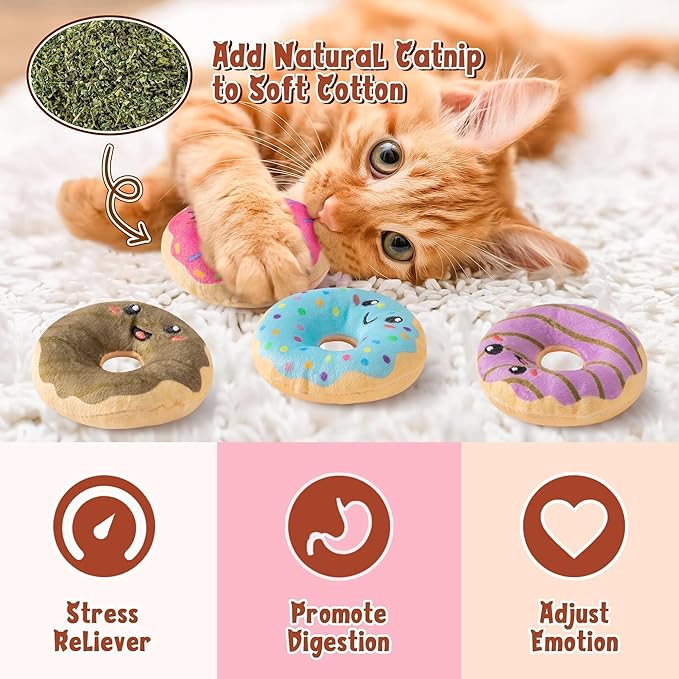 L1rabe Donut Catnip Stuffed Toys - 5Pcs Summer Gift Funny Dessert Organic Cat Toys Pet Supplies, Indoor Cats Chew Bite Teething Tools Kittens Catmint Birthday Present Interactive Supplies