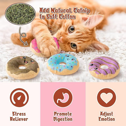 L1rabe Donut Catnip Stuffed Toys - 5Pcs Summer Gift Funny Dessert Organic Cat Toys Pet Supplies, Indoor Cats Chew Bite Teething Tools Kittens Catmint Birthday Present Interactive Supplies