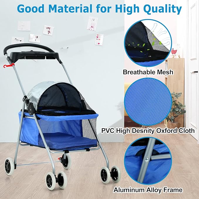 HKLGorg Dog Stroller Pet Stroller for Medium Small Dog Cat Foldable Pet Stroller with 4 Wheels Soft Pad Cat Stroller Folding Stroller Pet Gear Dog Stroller (Blue)