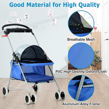 HKLGorg Dog Stroller Pet Stroller for Medium Small Dog Cat Foldable Pet Stroller with 4 Wheels Soft Pad Cat Stroller Folding Stroller Pet Gear Dog Stroller (Blue)