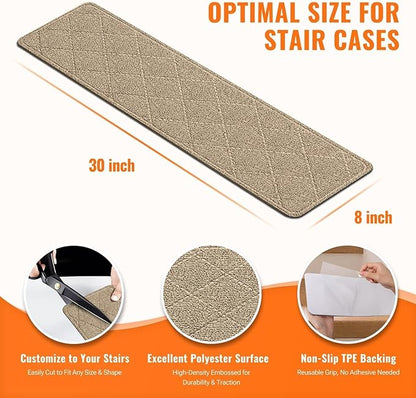 Stair Treads Non-Slip for Wooden Steps, 7Pack - 8" x 30" Edging Stair Runner Indoor for Kids Elders & Pets, Washable Carpet Stair Treads with Peel & Stick Reusable TPE Backing, Beige