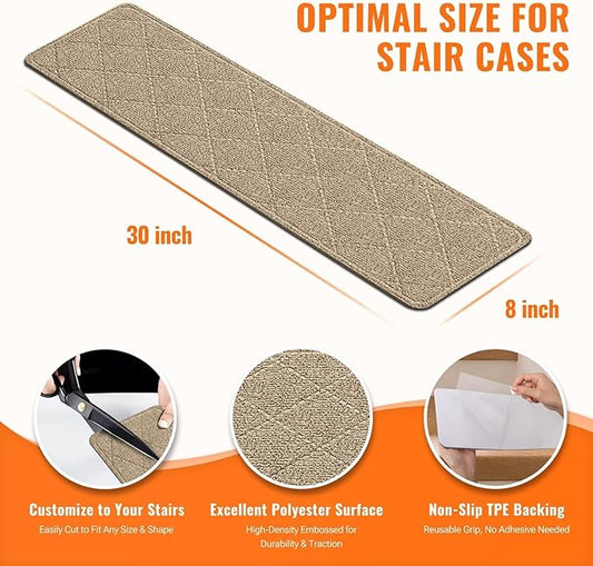 Stair Treads Non-Slip for Wooden Steps, 7Pack - 8" x 30" Edging Stair Runner Indoor for Kids Elders & Pets, Washable Carpet Stair Treads with Peel & Stick Reusable TPE Backing, Beige