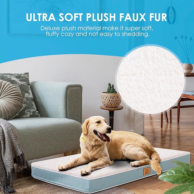 Extra Large Orthopedic Dog Bed for Big Dogs - XXL Waterproof Dog Bed with Removable Washable Cover & Anti-Slip Bottom, Crate Bed, Deluxe Plush Pet Bed Mat (Blue)