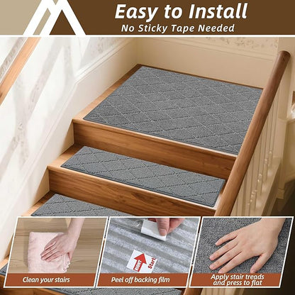 COSY HOMEER Stair Landing Rugs Non-Slip Corner Indoor Edging Stair Treads for Wooden Steps,Washable Soft Stair Landing Mat for Kids,Elder and Dogs,Polyester,TPE Backing,Medium Grey,30x30inch