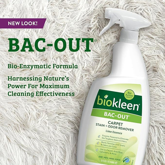 Biokleen Bac-Out Enzyme Cleaner Spray and Stain & Odor Remover for Pet Stains, Laundry, Diapers, Wine, Carpets, & More, Eco-Friendly, Non-Toxic, Lime Scent, 32 Ounces (Pack of 2)