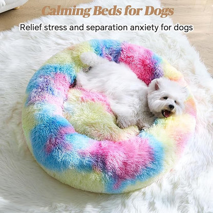 Calming Small Dog Bed, Donut Fluffy Anti-Anxiety Round Washable Cute Bed, Plush Cozy Cuddler Warming Soft Comfort Pet Bed for Small Medium Dogs Cats,28inch, Rainbow