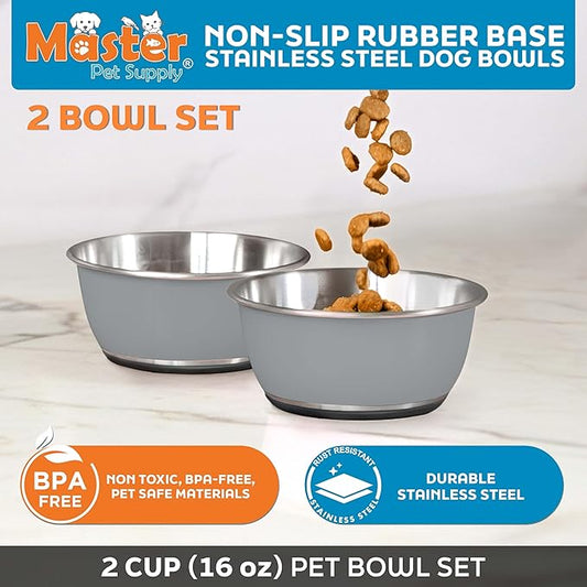 Master Pet Supply Stainless Steel Dog Bowls Set of 2 (16 Oz Each) with Non-Slip Rubber Base - Graphite - Basic Dog Food Bowl Water & Food Bowls for Small Medium Large Dogs & Cats, Metal Dish